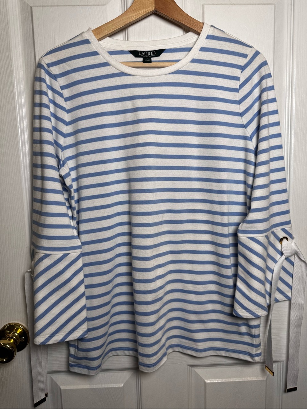 NWT Lauren Ralph Lauren Blue Stripe Tie Sleeve Cotton Top Coastal Preppy Medium